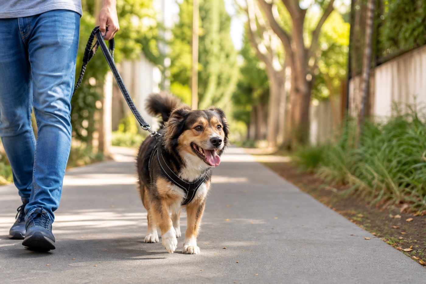 Perro paseando con correa en Saavedra